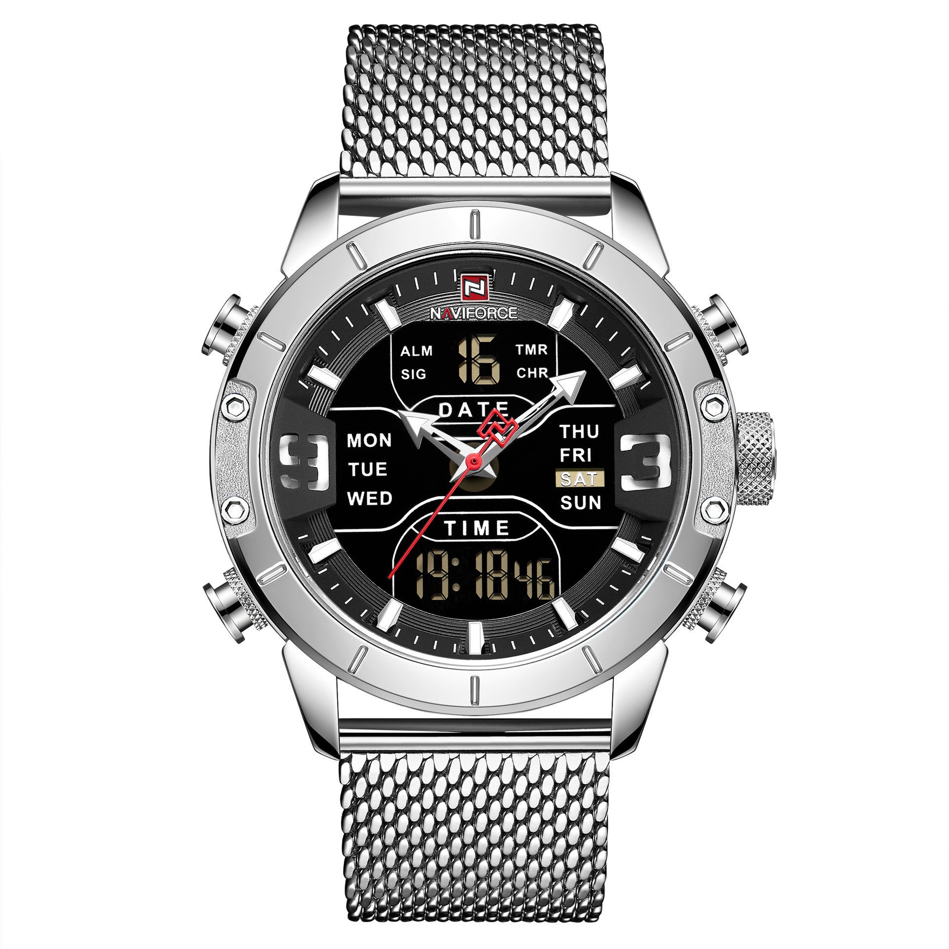 A men's blue sports watch with a round digital display, analog hands, and a blue stainless steel mesh band.