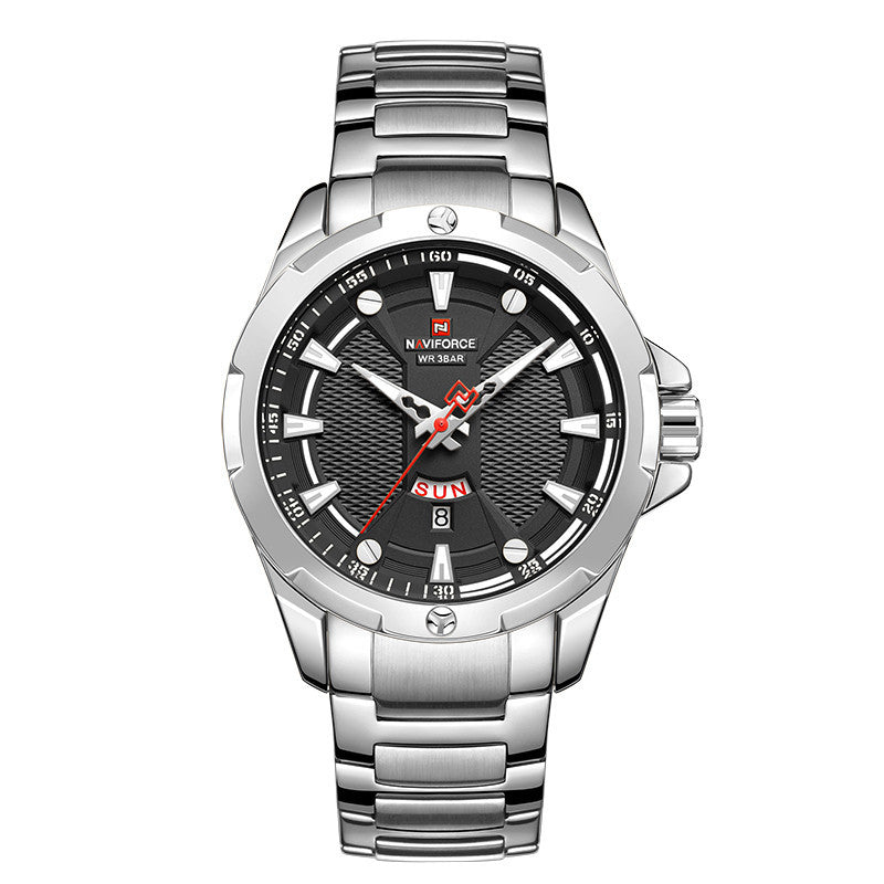 A black analog watch with a stainless steel strap and a dial featuring red and white accents, along with a date display.