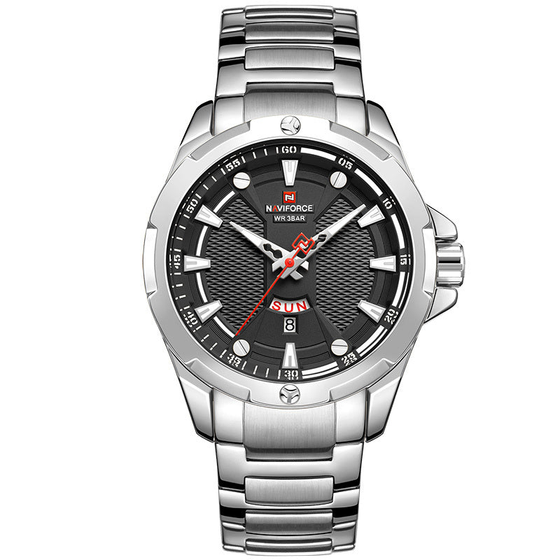 This image features a stylish men's casual watch, designed with a sleek stainless steel band and a striking gold-tone case. The watch showcases a detailed dial with a world time display, luminous hands, and a calendar function, all highlighted by a vibrant red accent on the bezel.