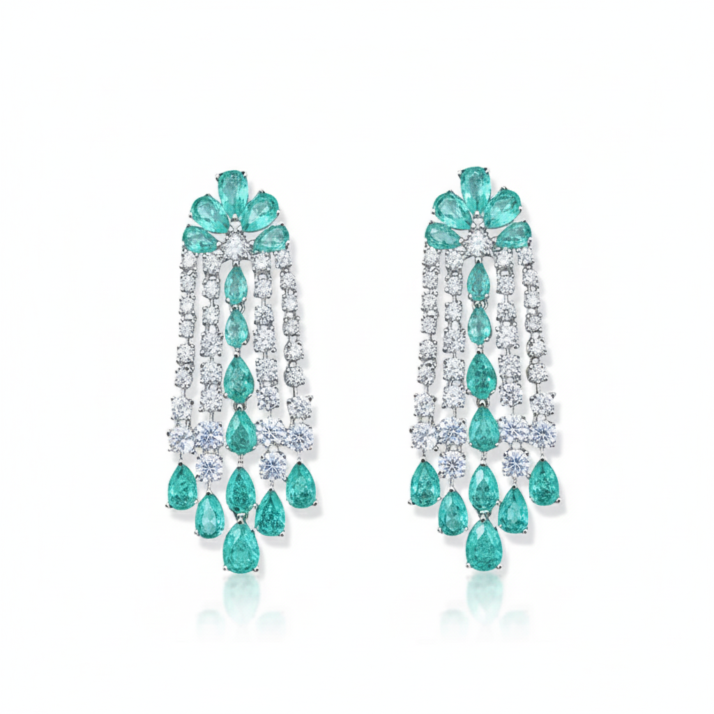 Women Fashionable Earrings Green Diamond Flower Earrings Elegant Long Tassel Silver Needle Women Fashionable Earrings