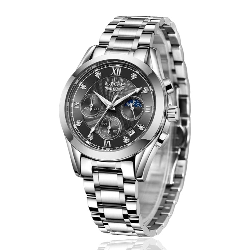 Silver wristwatch with a black dial on a white background