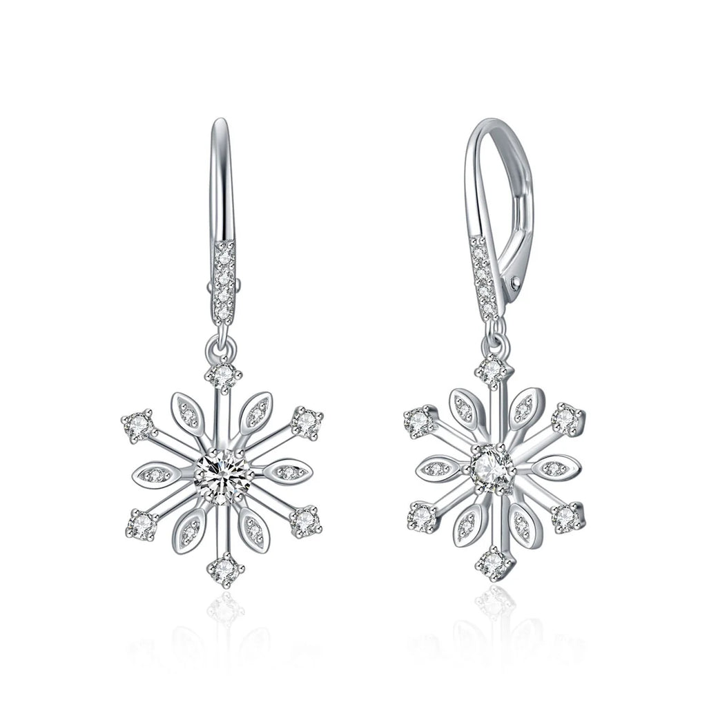 Women Fashionable Earrings S925 Sterling Silver Zirconia Snowflake Leverback Dangle Drop Earrings Women Fashion Earrings
