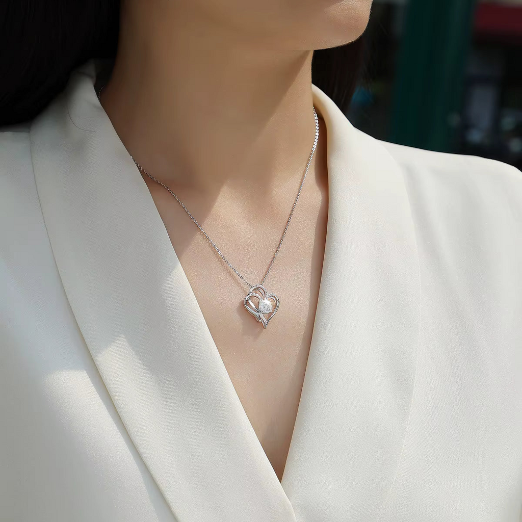 Women Luxury Necklace 925 Sterling Silver Moissanite Diamond Heart To Heart Connected Fashion Women Pendant Necklace