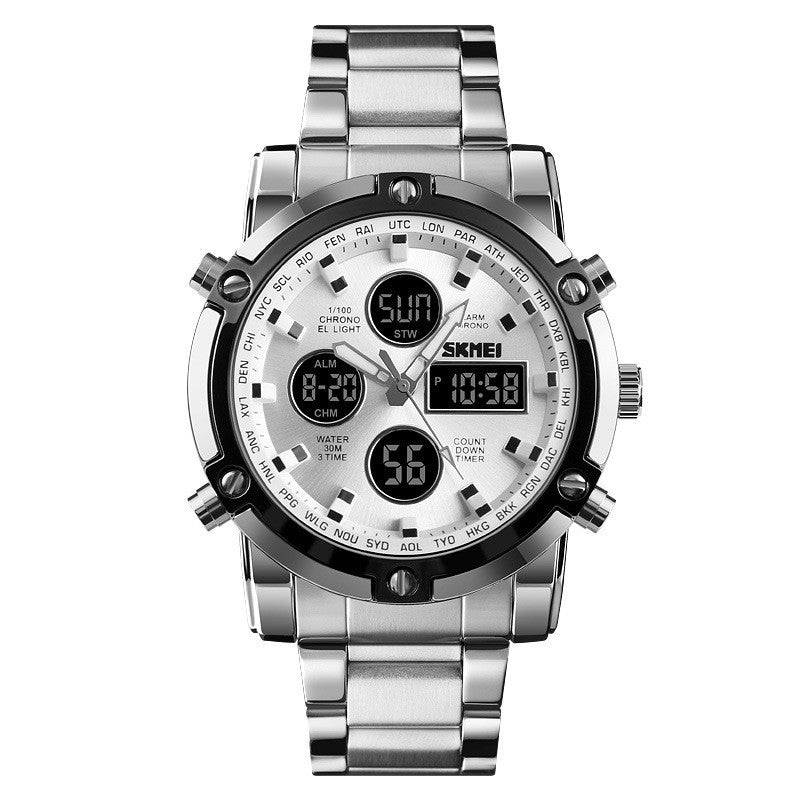 A men's dual movement watch with a round blue dial, stainless steel band, and digital indicators