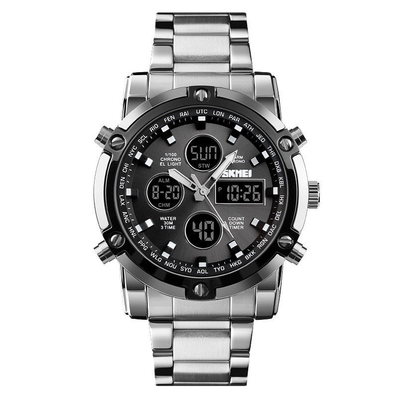 A men's dual movement watch with a round blue dial, stainless steel band, and digital indicators