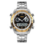 A SKMEI branded men's analog-digital watch with a blue dial, stainless steel strap, and buckle, displaying time, date, and other features.