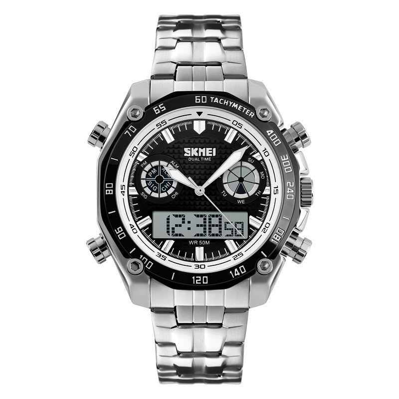 A SKMEI branded men's analog-digital watch with a blue dial, stainless steel strap, and buckle, displaying time, date, and other features.