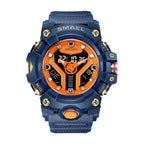 Blue and orange digital watch with SMAEL branding on a white background