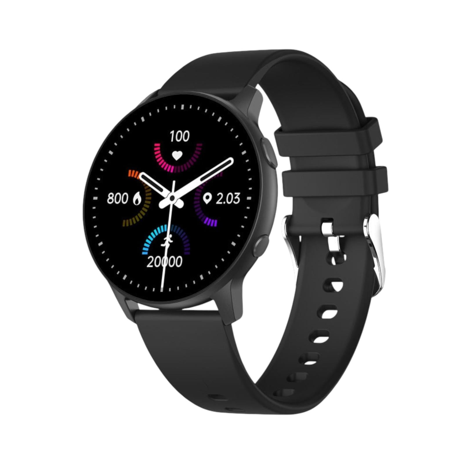 Black smartwatch with a detailed display on a white background