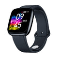 A black smartwatch with a silicone wristband and a digital display showing time and date.