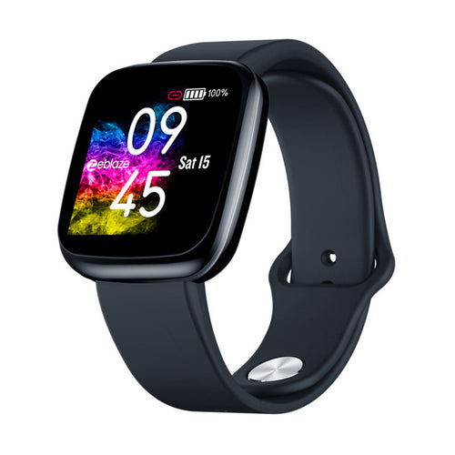 A black smartwatch with a silicone wristband and a digital display showing time and date.