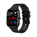 A black smart watch with a silicone wristband and a digital display showing time, date, and various smart notifications on a patterned background.