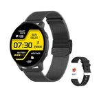 Smartwatch with a black mesh band and additional band on a white background