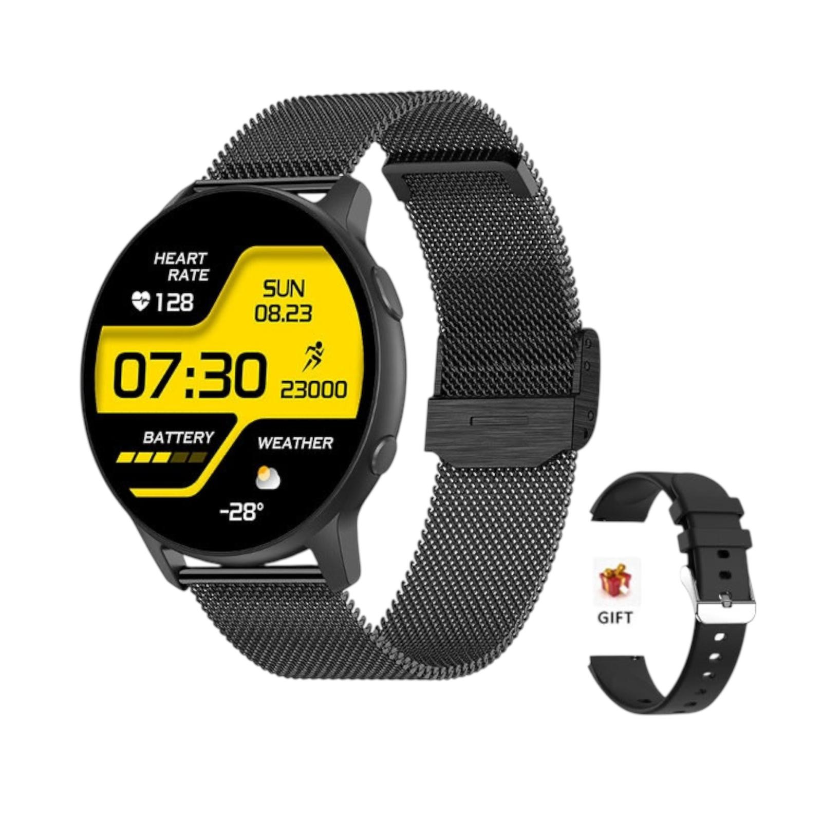 Smartwatch with a black mesh band and additional band on a white background