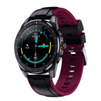 A black smartwatch with a silicone wristband and a digital display showing the time and various smart watch features.