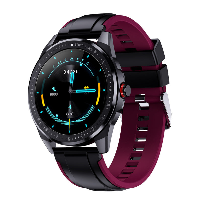 A black smartwatch with a silicone wristband and a digital display showing the time and various smart watch features.
