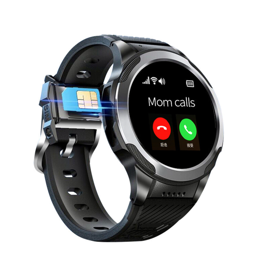 A black smartwatch with a silicone strap, displaying a call interface on its screen, indicating a missed call from 'Mom'.