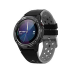 A black smartwatch with a silicone wrist strap and a digital display showing time and various smart notifications.