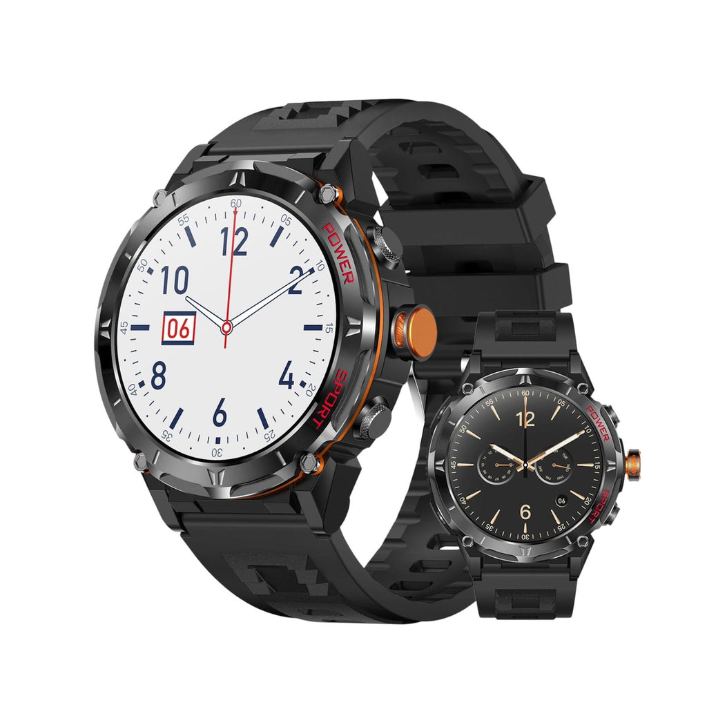 Two black wrist watches with different face designs on a white background