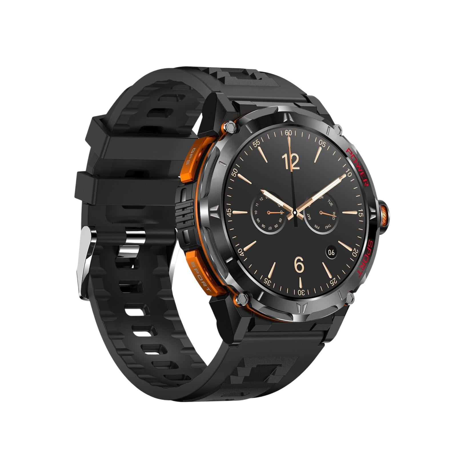 Black and orange smartwatch on a white background