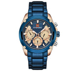 A men's quartz watch with a blue dial, black steel strap, and alloy case.