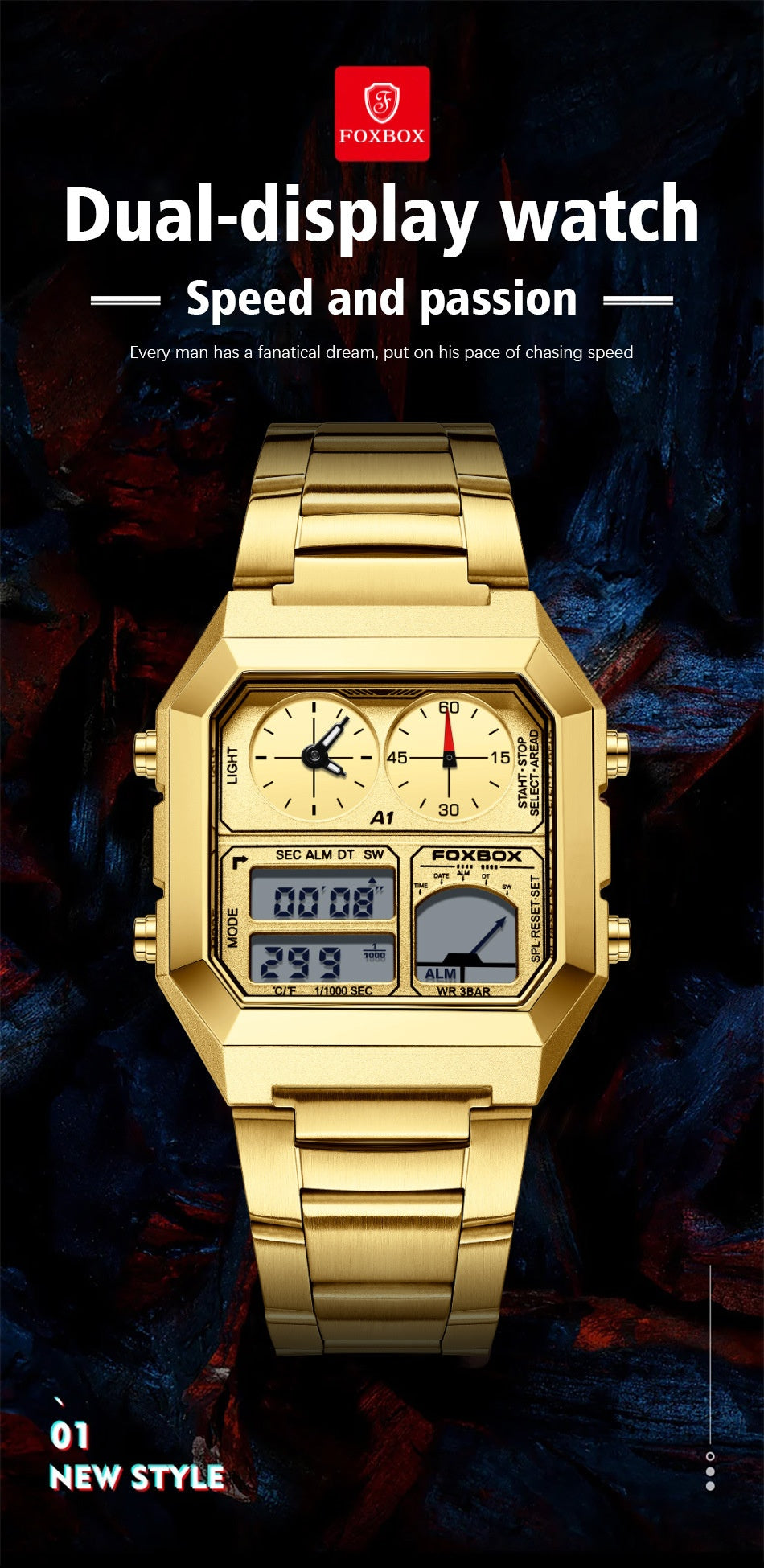 Gold dual-display watch with Foxios branding on a dark background