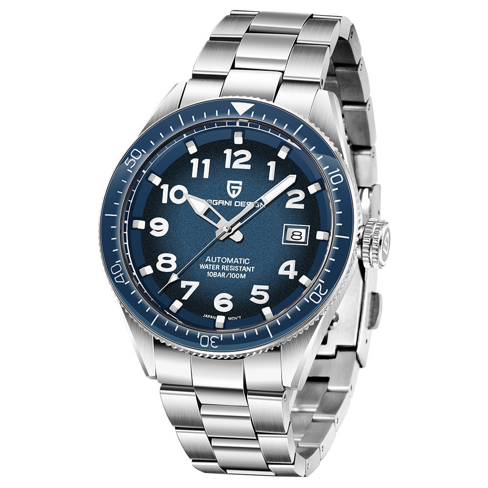 A PAGANI DESIGN mechanical men's watch with a blue leather strap, silver stainless steel case, and a blue dial with white numerals.