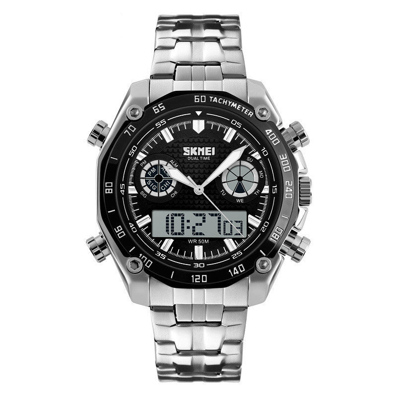 A SKMEI branded men's analog-digital watch with a blue dial, stainless steel strap, and buckle, displaying time, date, and other features.