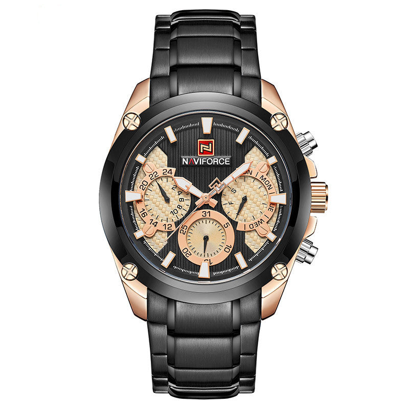 A men's quartz watch with a blue dial, black steel strap, and alloy case.