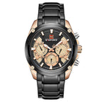 A men's quartz watch with a blue dial, black steel strap, and alloy case.