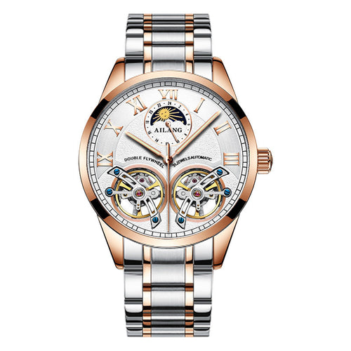 A men's mechanical watch with a blue dial, gold case, and black leather strap.