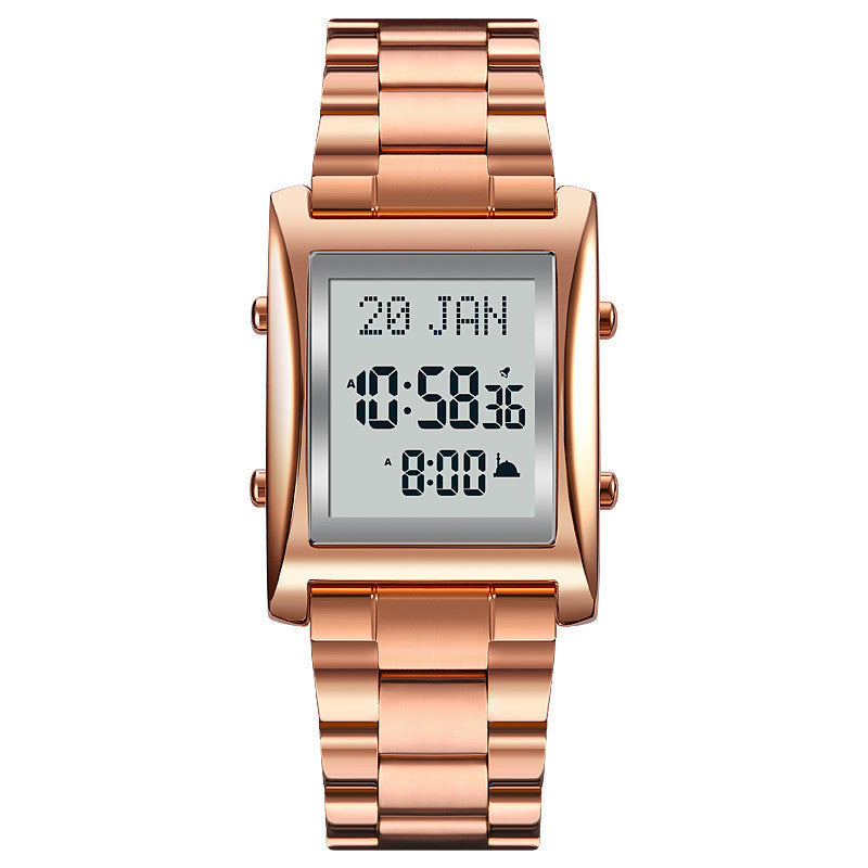 A digital watch with a black band and black case, displaying a digital screen with time and date.