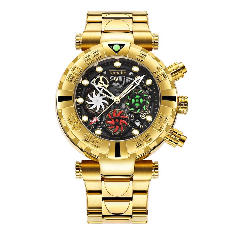 A men's luminous waterproof multifunctional watch with a gold band and blue dial, featuring a spiral crown and a double side press buckle.