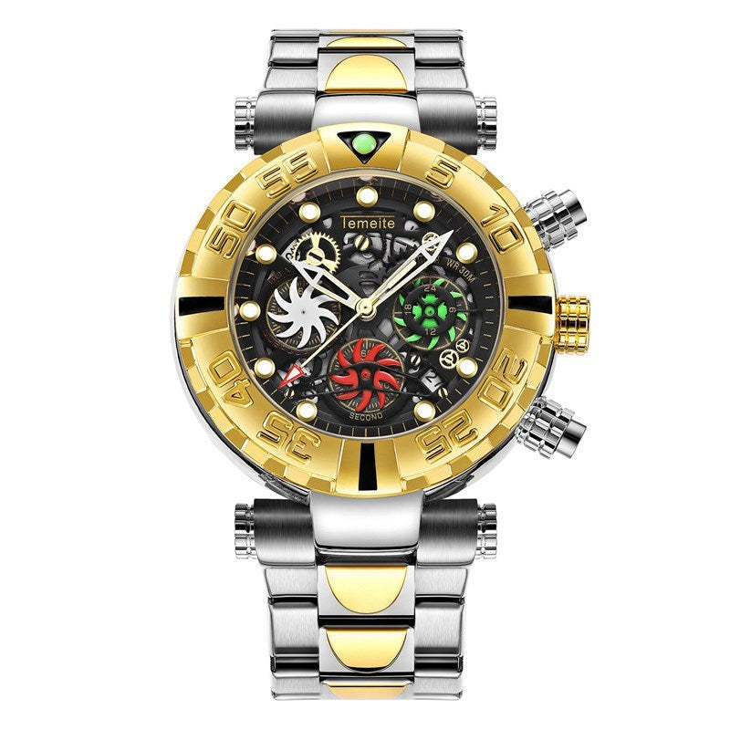 A men's luminous waterproof multifunctional watch with a gold band and blue dial, featuring a spiral crown and a double side press buckle.
