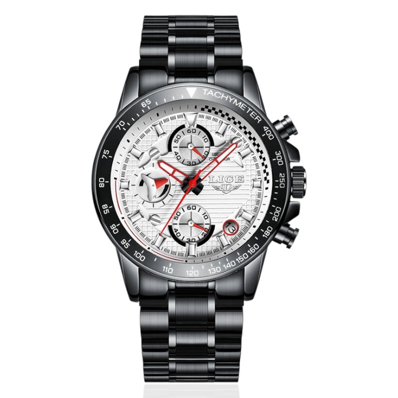Black and silver watch with a detailed face on a white background
