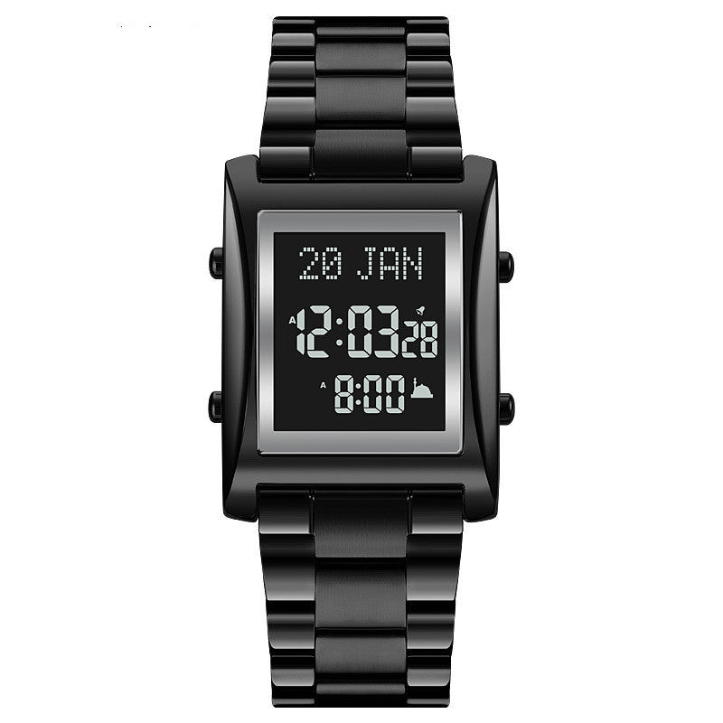 A digital watch with a black band and black case, displaying a digital screen with time and date.