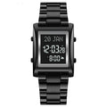 A digital watch with a black band and black case, displaying a digital screen with time and date.