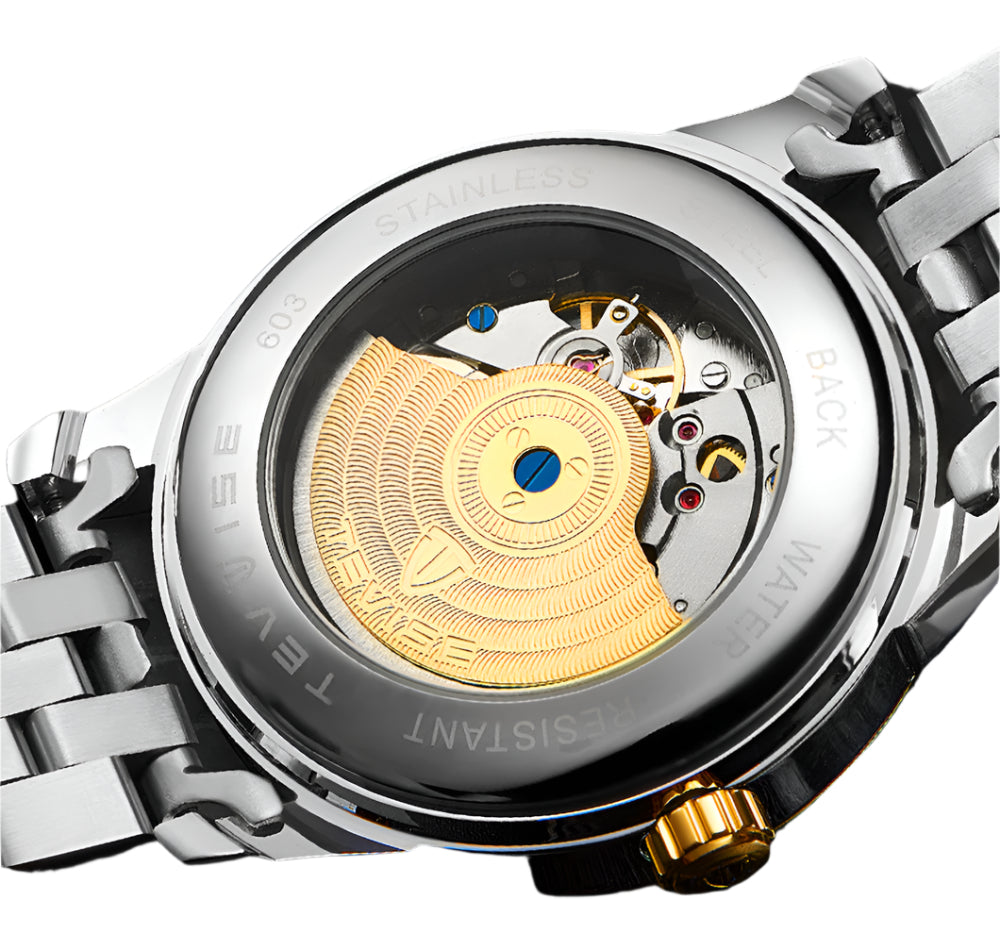Close-up of a watch mechanism with visible brand name on a white background