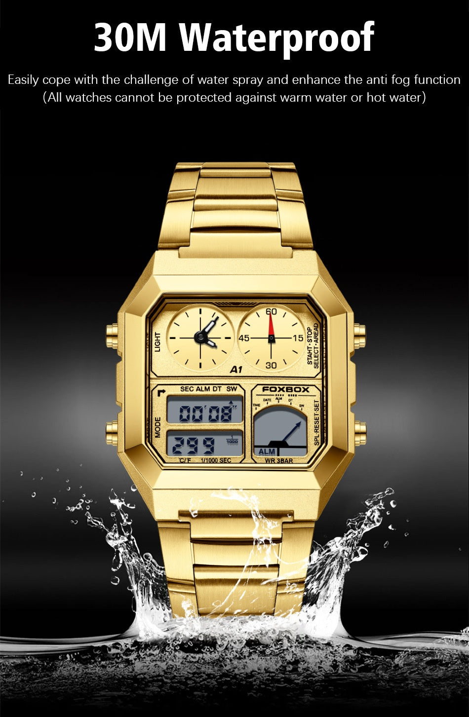 Gold wristwatch with water resistance feature on a black background