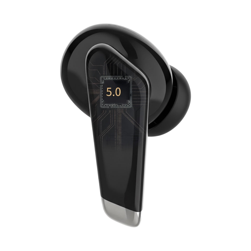 Black wireless earbuds with a digital display on a white background