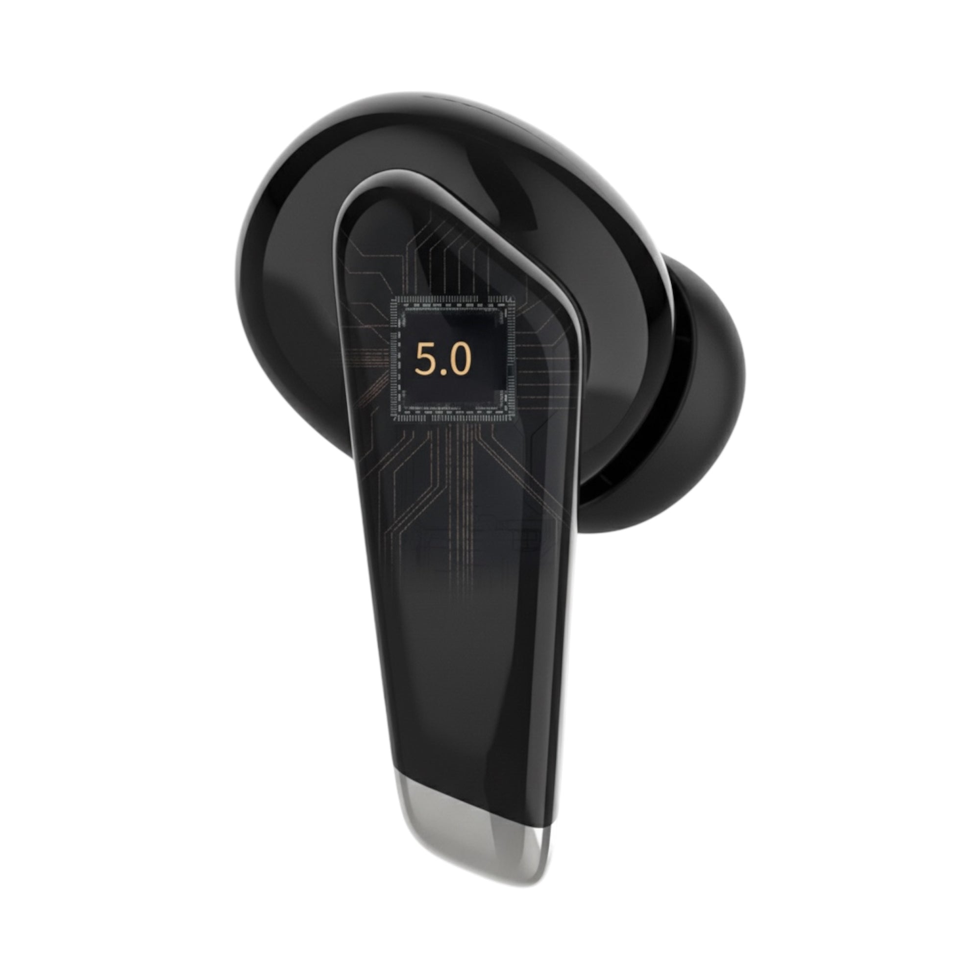 Black wireless earbuds with a digital display on a white background