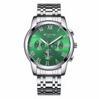 A silver stainless steel watch with a green dial, Roman numerals, and a pin buckle.