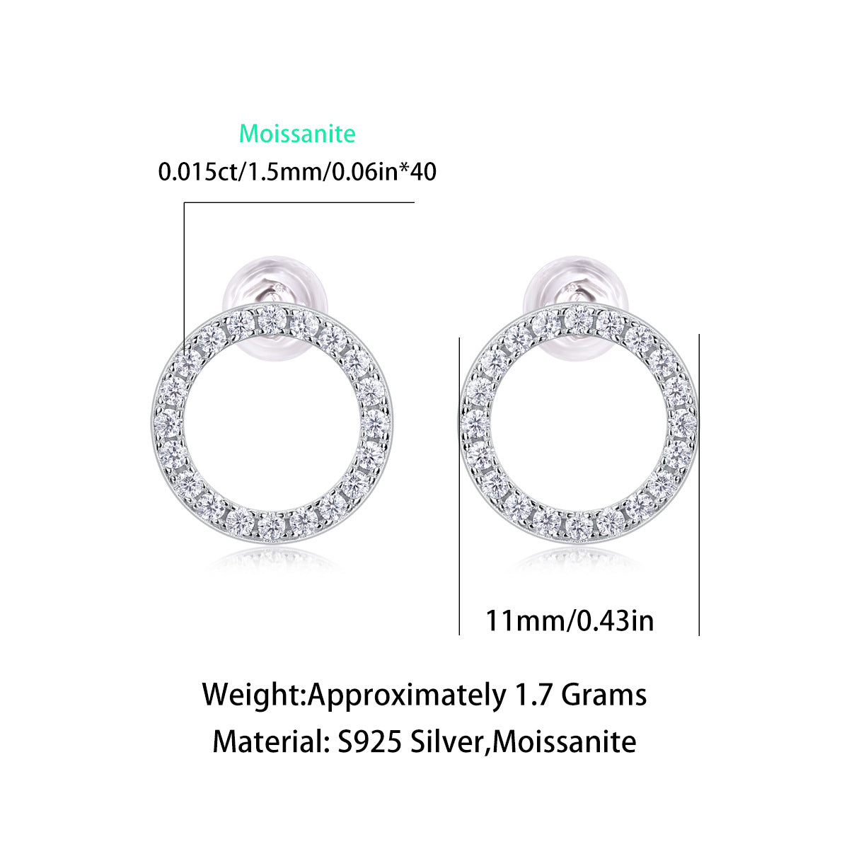 Women Luxury Earring Diamond Moissanite S925 Sterling Silver Earrings Circle Lightweight Comfortable Stud Women Earrings