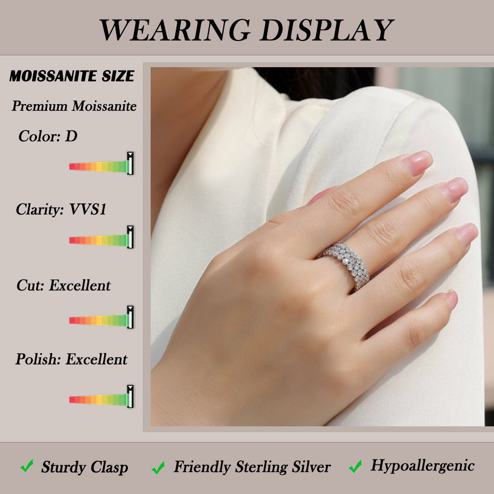 Women Luxury Ring Multi-Row Moissanite Diamond Ring 925 Sterling Silver 18K Gold Plated Wide Band Engagement Silver Ring