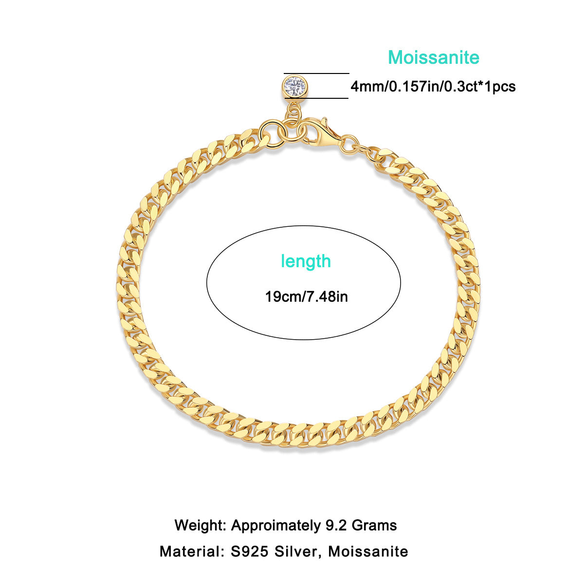 Bracciale di lusso da donna con diamanti Moissanite Bracciale in argento sterling S925 placcato oro 18 carati Catena cubana Bracciale da donna