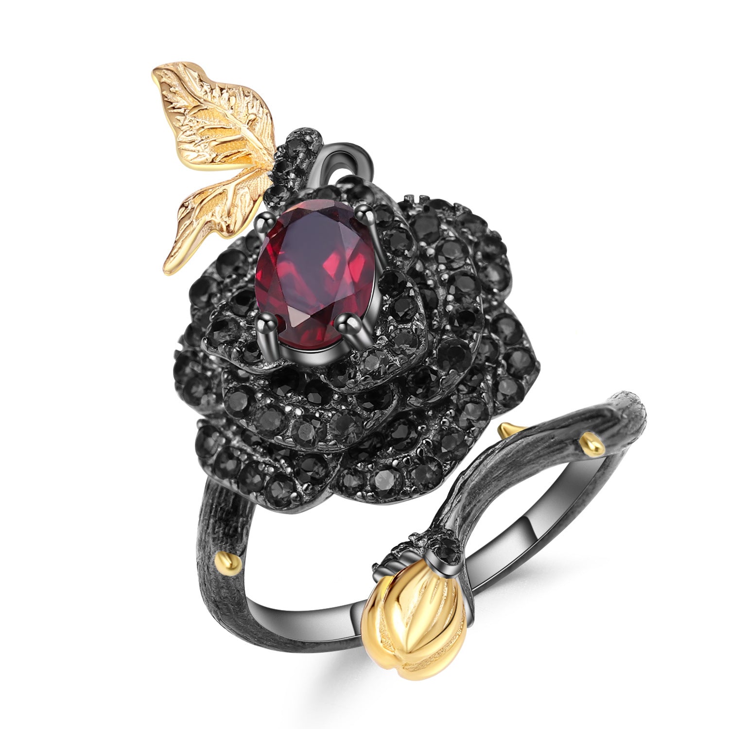 Fashion Women's Ring Vintage Style S925 Silver Gemstone Ring Secret Garden Rose Design with Natural Colorful Stones