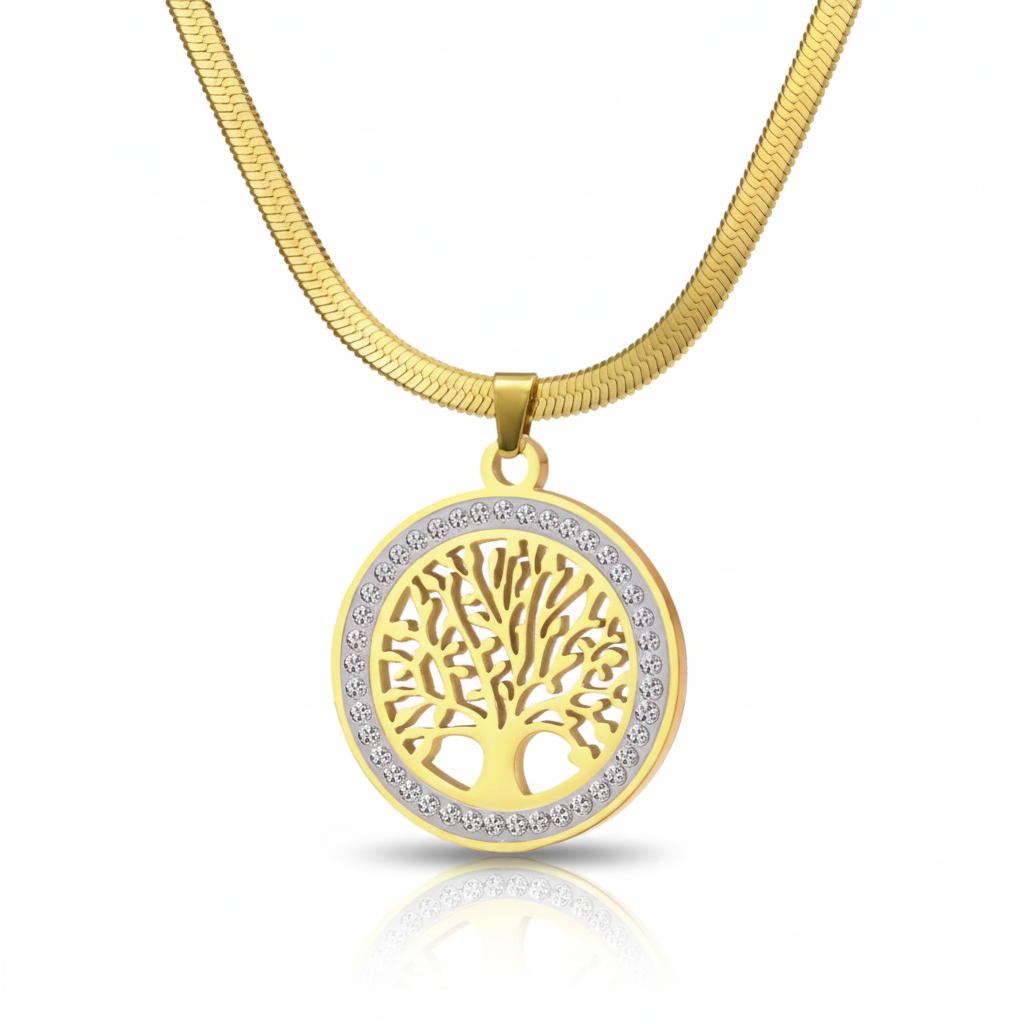 Women Luxury Necklace Tree of Life Stainless Steel Zircon Round Pendant Necklaces Pendant Snake Chain Women Nacklace