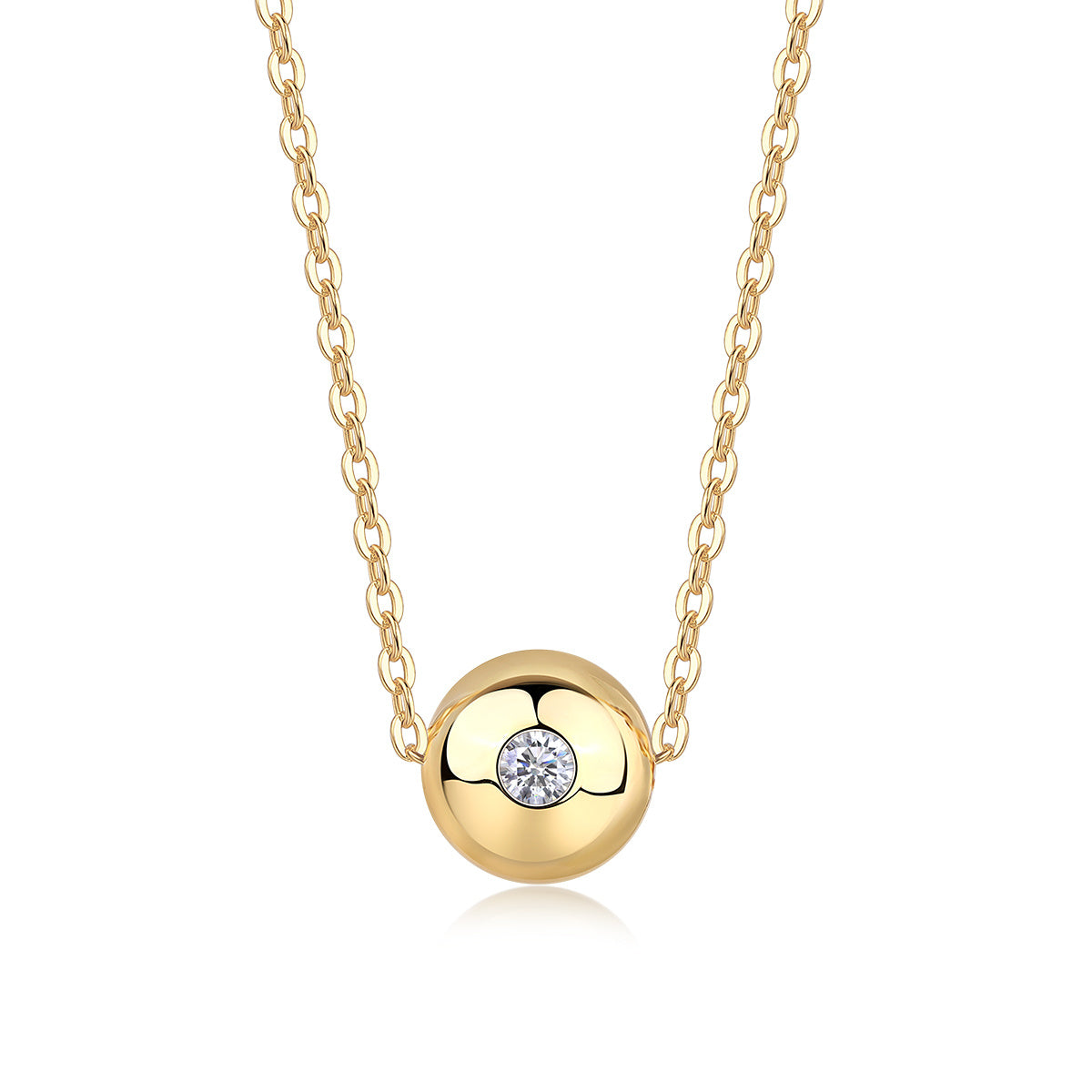 A gold-colored necklace with a spherical pendant featuring a diamond in the center, suspended on a chain.