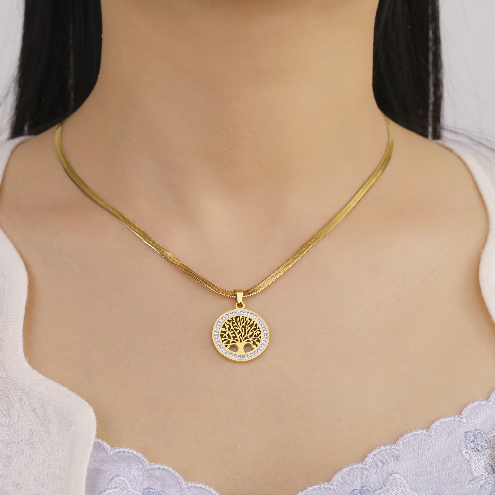 Women Luxury Necklace Tree of Life Stainless Steel Zircon Round Pendant Necklaces Pendant Snake Chain Women Nacklace