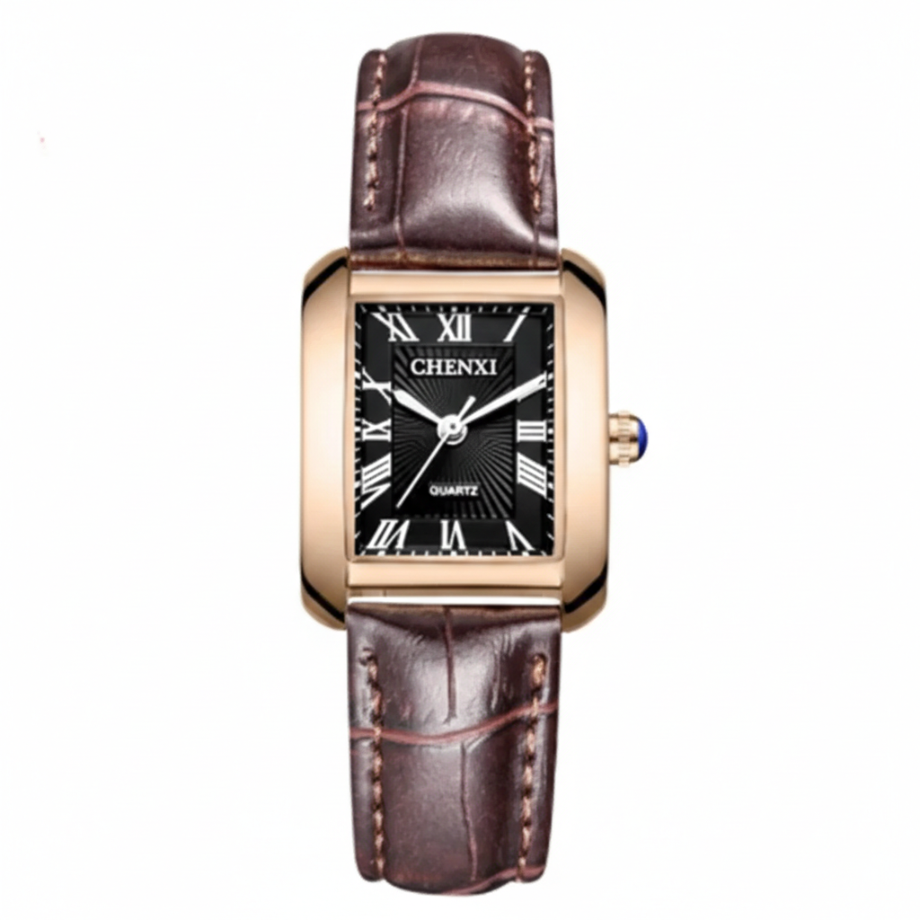 Wristwatch with brown leather strap and black dial on a white background